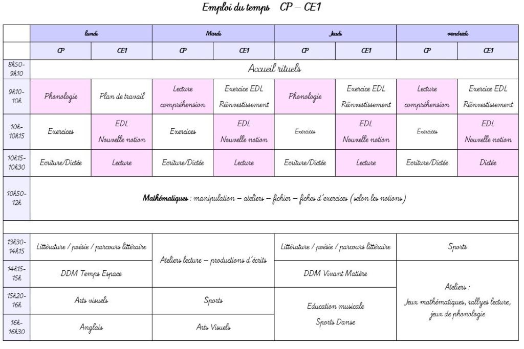 Emploi du temps CP et CP-CE1
